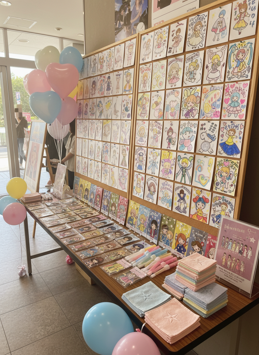 A cheerful fan corner display inside a small venue lobby, with a neatly arranged merch table showcasing illustrated character keychains, pastel glow sticks, heart-shaped balloons, and folded hand towels in coordinated idol group colors. A large corkboard behind the table is covered with hand-drawn, text-free message cards and cute doodles of stage outfits and hearts, representing fans’ support without any readable words. Soft overhead lighting mixes with a hint of daylight from an unseen entrance, creating an inviting, hopeful glow. Photographic realism, eye-level composition with moderate depth of field, allowing the table details to be crisp while the background softly blurs. The atmosphere feels warm, inclusive, and celebratory, emphasizing the connection between the group and fans who share a journey toward self-acceptance.