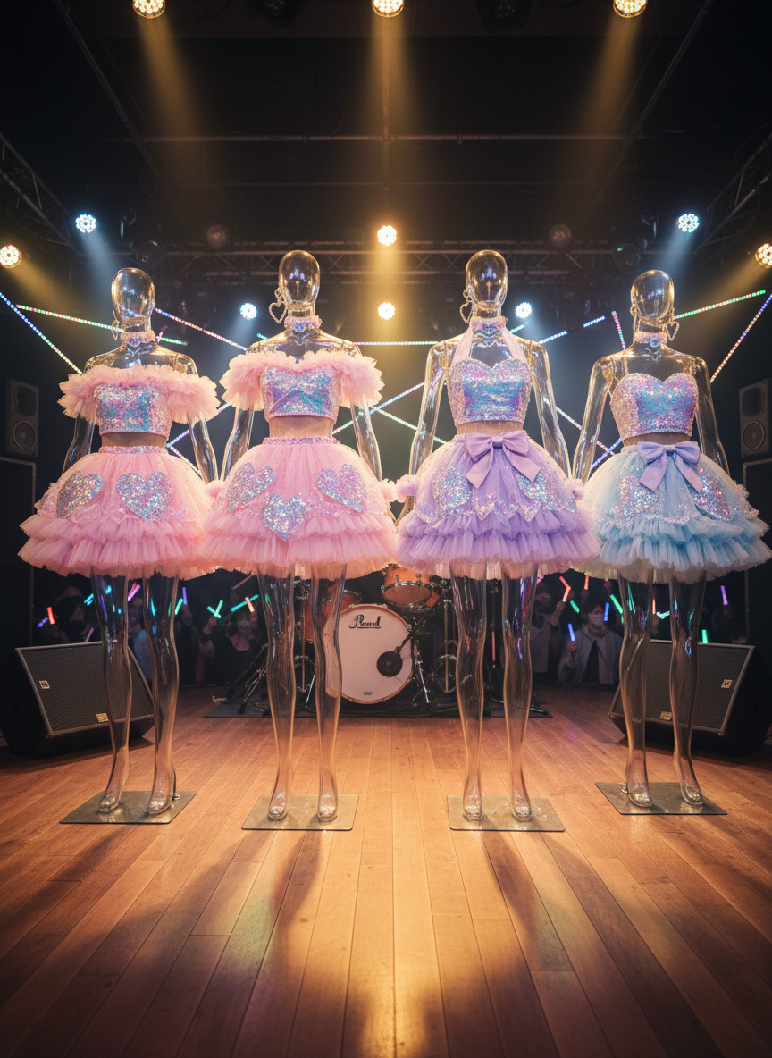 A vibrant stage scene featuring four coordinated stage outfits displayed on sleek, transparent mannequins, representing a playful underground idol group. Each costume combines pastel pinks, lilacs, and baby blues with layered tulle skirts, heart-shaped accessories, and sparkling sequined bodices, celebrating cuteness and confidence. The mannequins stand in front of an urban live-house stage with colorful LED lights, large speakers, and a blurred crowd of light sticks rendered as soft bokeh. Warm spotlights from above create gentle highlights on the fabrics and subtle reflections on the floor. Photographic realism, shot at eye level with a slightly wide angle, capturing an energetic, hopeful mood while keeping the focus on the outfits as symbols of self-love and performance.